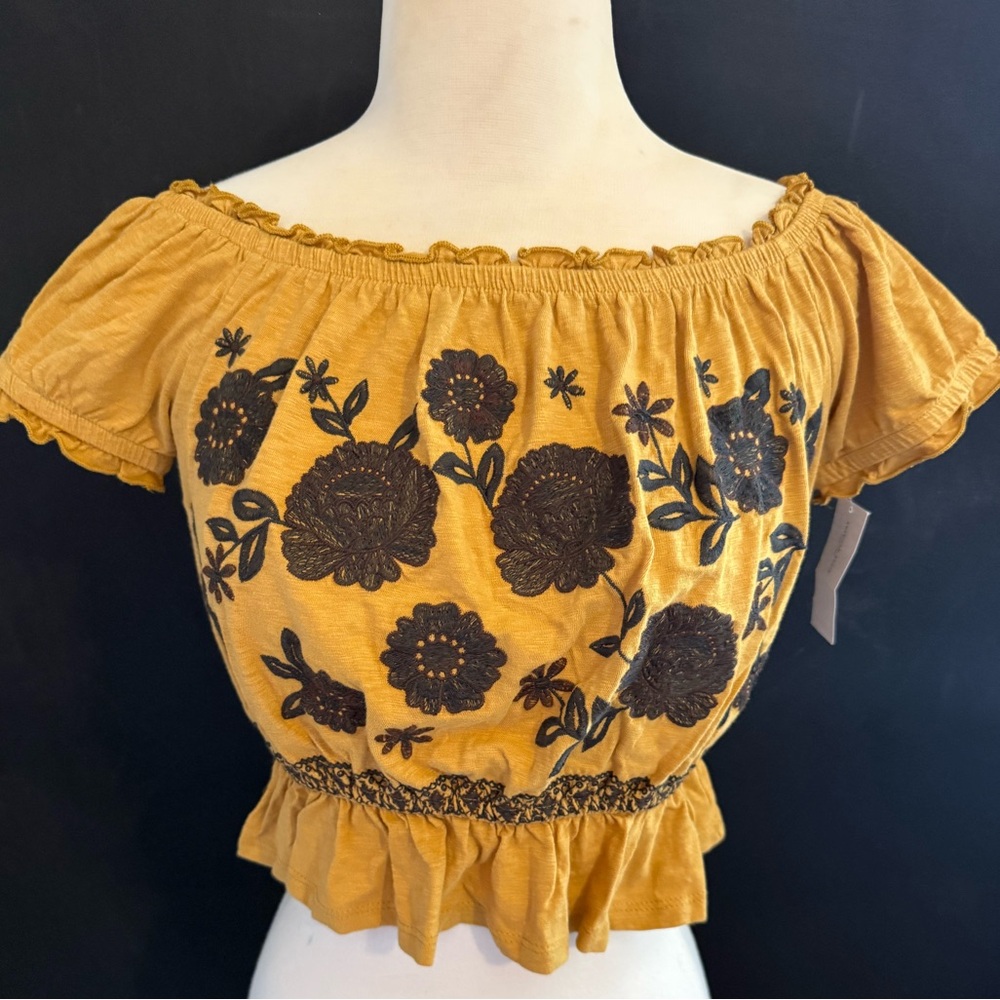 American Eagle Outfitters Mustard Top with Black Embroidery